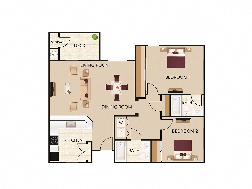 Floor plan for 2 beds, 2 baths, 1151 sqft